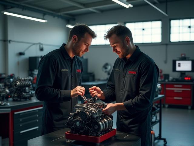 Horst & Hüll Werkstatt mit spezialisierten Ingenieuren bei der Arbeit an einem High-Performance-Motor
