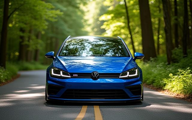 VW Golf R in dunklem Blau nach Fahrwerks- und Motormodifikationen.