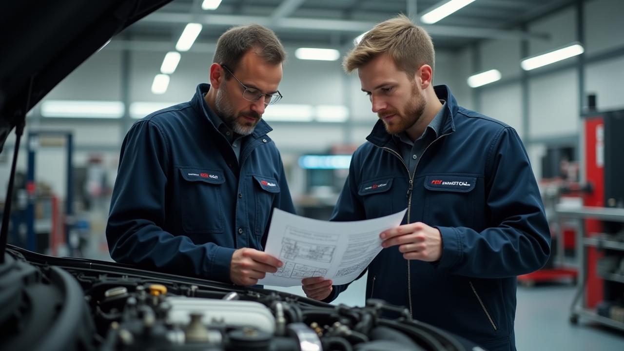 Zwei Ingenieure von Horst & Hüll besprechen technische Details an einem Motor in der Werkstatt