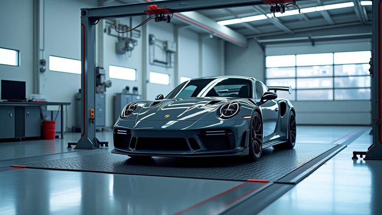 Hochmoderner Leistungsprüfstand in der Horst & Hüll Werkstatt, ein Sportwagen darauf